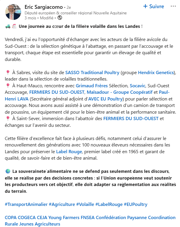 publication LinkedIn d'Eric Sargiacomo lors de sa visite de l'élevage Sasso